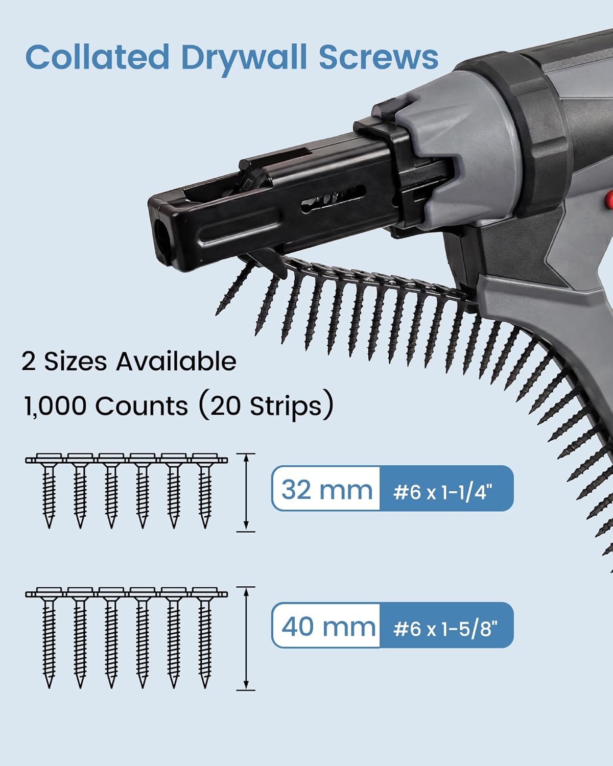 meite Collated Drywall Screw #6 x 1-5/8 inch Coarse Thread Drywall to Wood Screws for Gypsum Board Partition Wall Ceiling Sheetrock 1000 Count, 8 Buckets