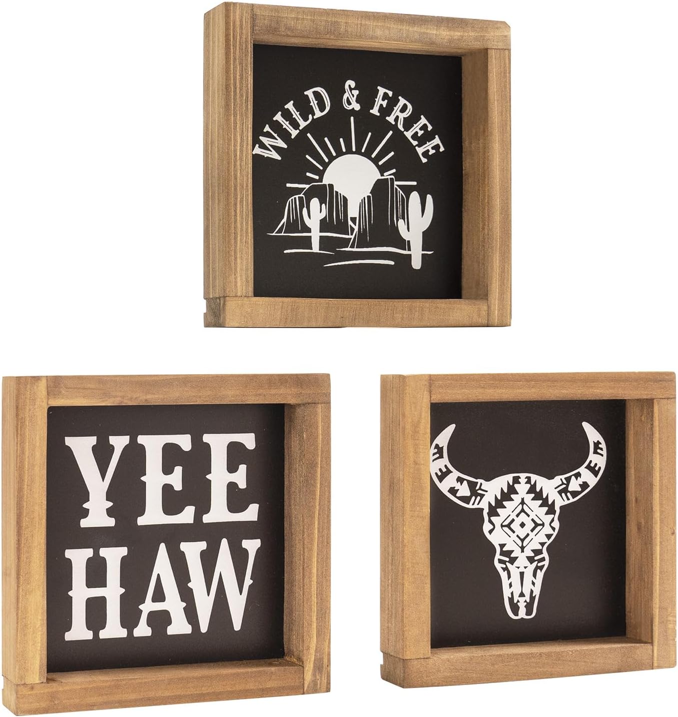 Western Bathroom Decor, Wooden Western Wall Art, Southwestern Cowboy Yee Haw Cow Skull Wild Free Signs, Black White Farmhouse Home Table Shelf decorations