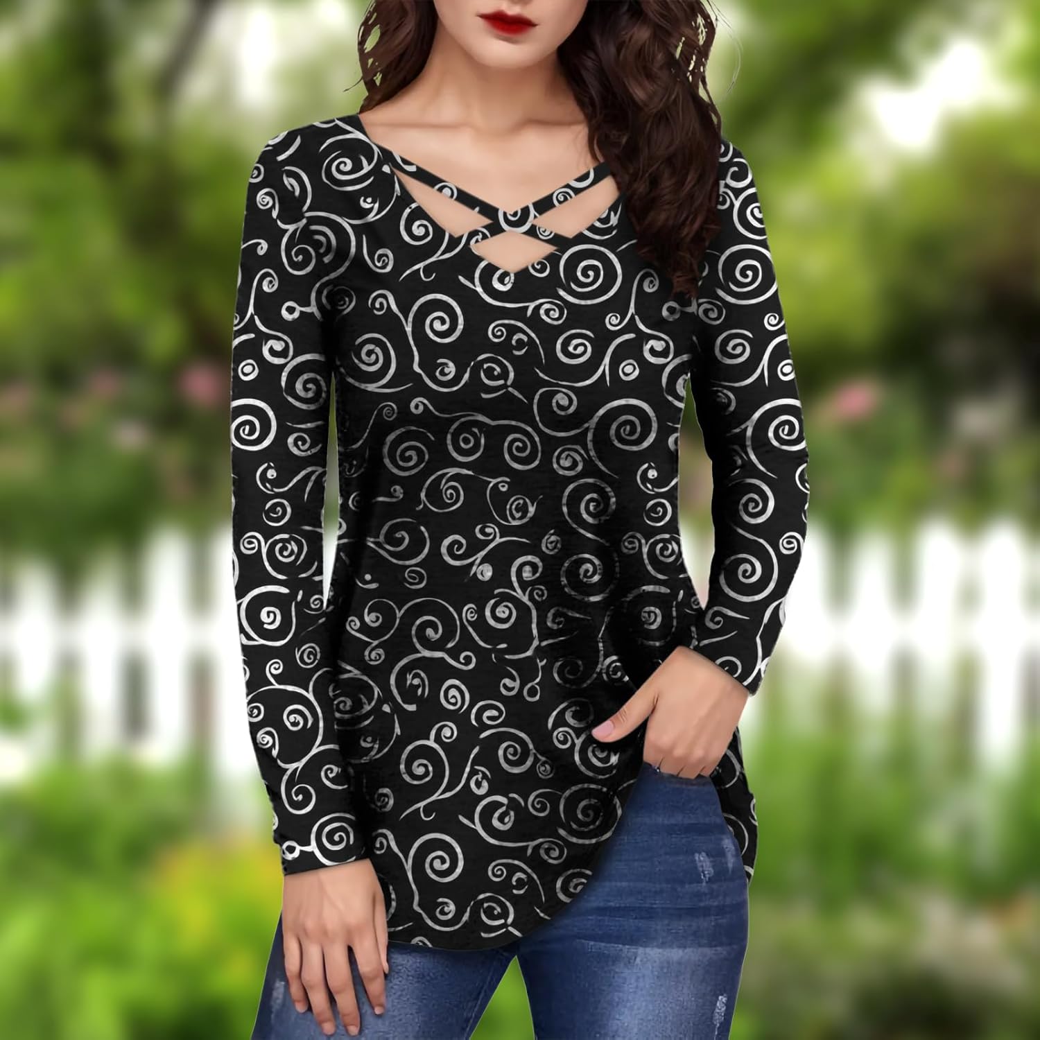 Tunic Tops for Women Long Sleeve Plus Size Soft Summer V Neck Flowy Casual Loose Fit Daily Work Vacation Tee - Image 2
