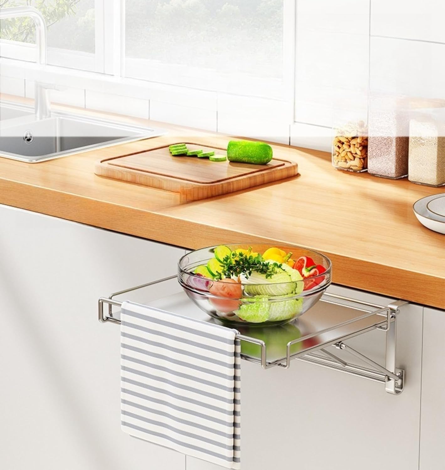 キッチン作業台 補助テーブル 折りたたみ式 扉 引き出し 引掛け式 タオルハンガーキッチン 簡易テーブル (原色)