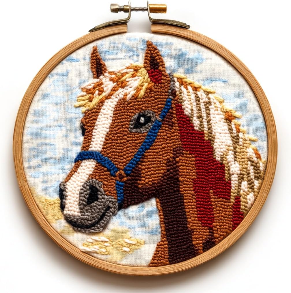 SHANXOO Punch Needle Kits A Brown Horse Easy for Beginners DIY Punch Needle Yarn Starter Embroidery Set for Craft Lovers with Printed Pattern and Hoop for Home Decor 20x20cm(3)