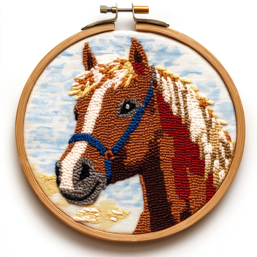 SHANXOO Punch Needle Kits A Brown Horse Easy for Beginners DIY Punch Needle Yarn Starter Embroidery Set for Craft Lovers with Printed Pattern and Hoop