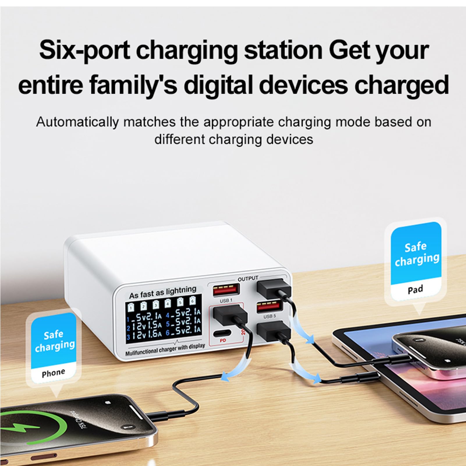 Sxhlseller Stazione di Ricarica USB da 40 W a 6 Porte, Hub di Alimentazione da Tavolo con Display LCD Intelligente |Adattatore Caricabatterie Rapido QC 3.0 PD Tipo C per Tablet e (Spina europea)
