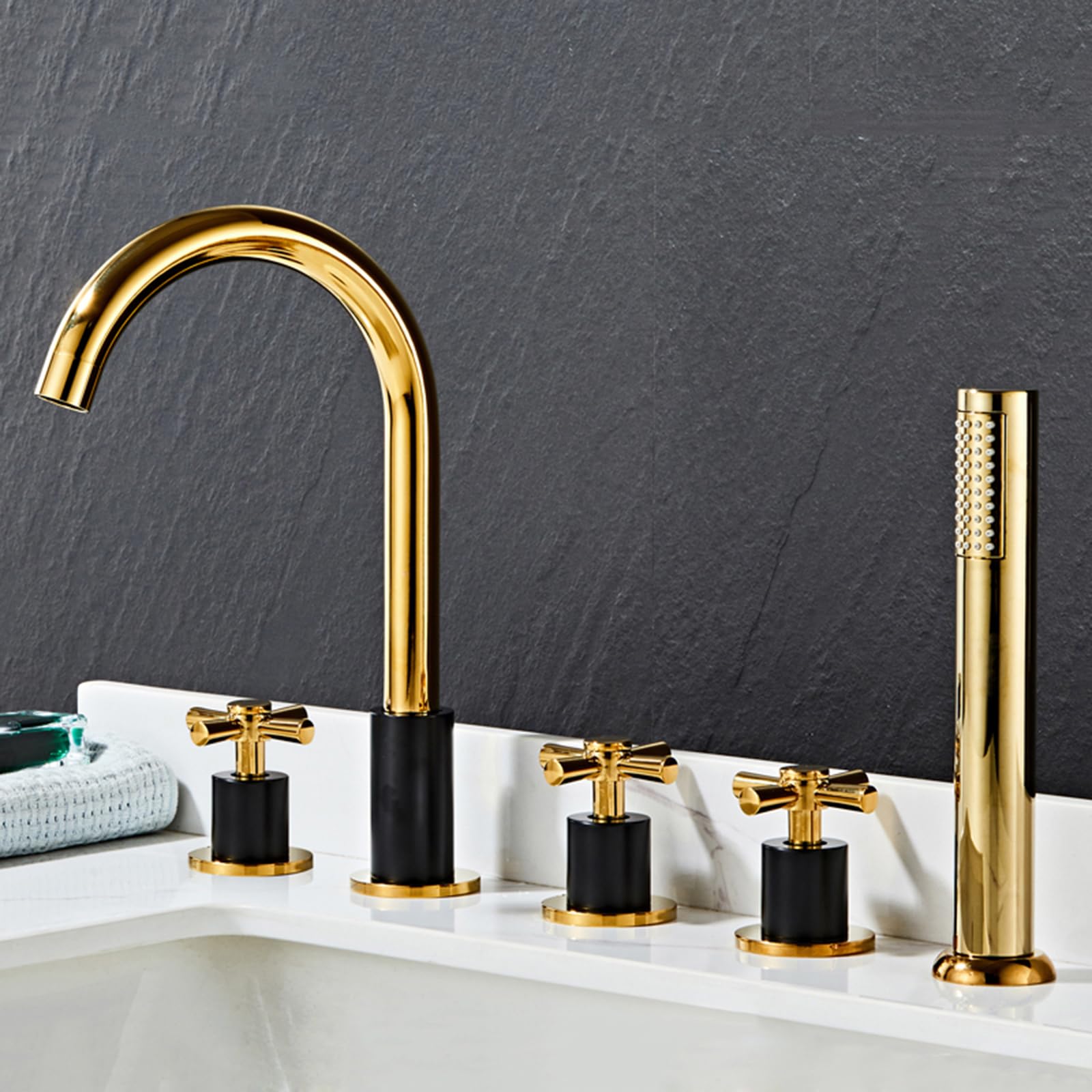BHGFYXBS 5 Hole Bath Tap Set Black+Gold Bath Mixer Taps With Shower With Diverter 360 Rotating Spout Gooseneck Tap-C