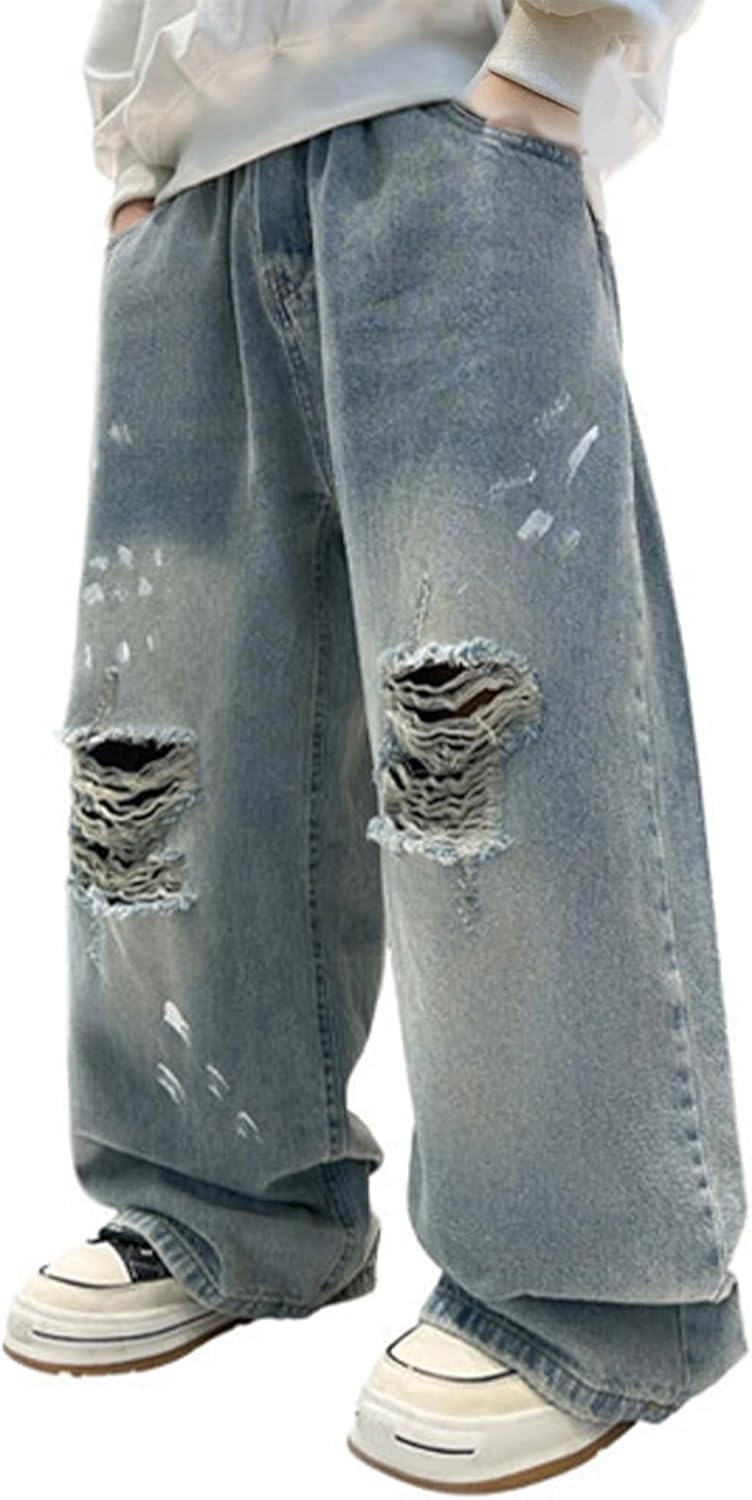 Boys Baggy Jeans Wide Leg Elastic Waist Denim Pants with Pockets Y2K Streetwear Casual Trousers for Kids 6-16 Years
