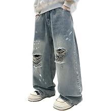 Boys Baggy Jeans Wide Leg Elastic Waist Denim Pants with Pockets Y2K Streetwear Casual Trousers for Kids 6-16 Years