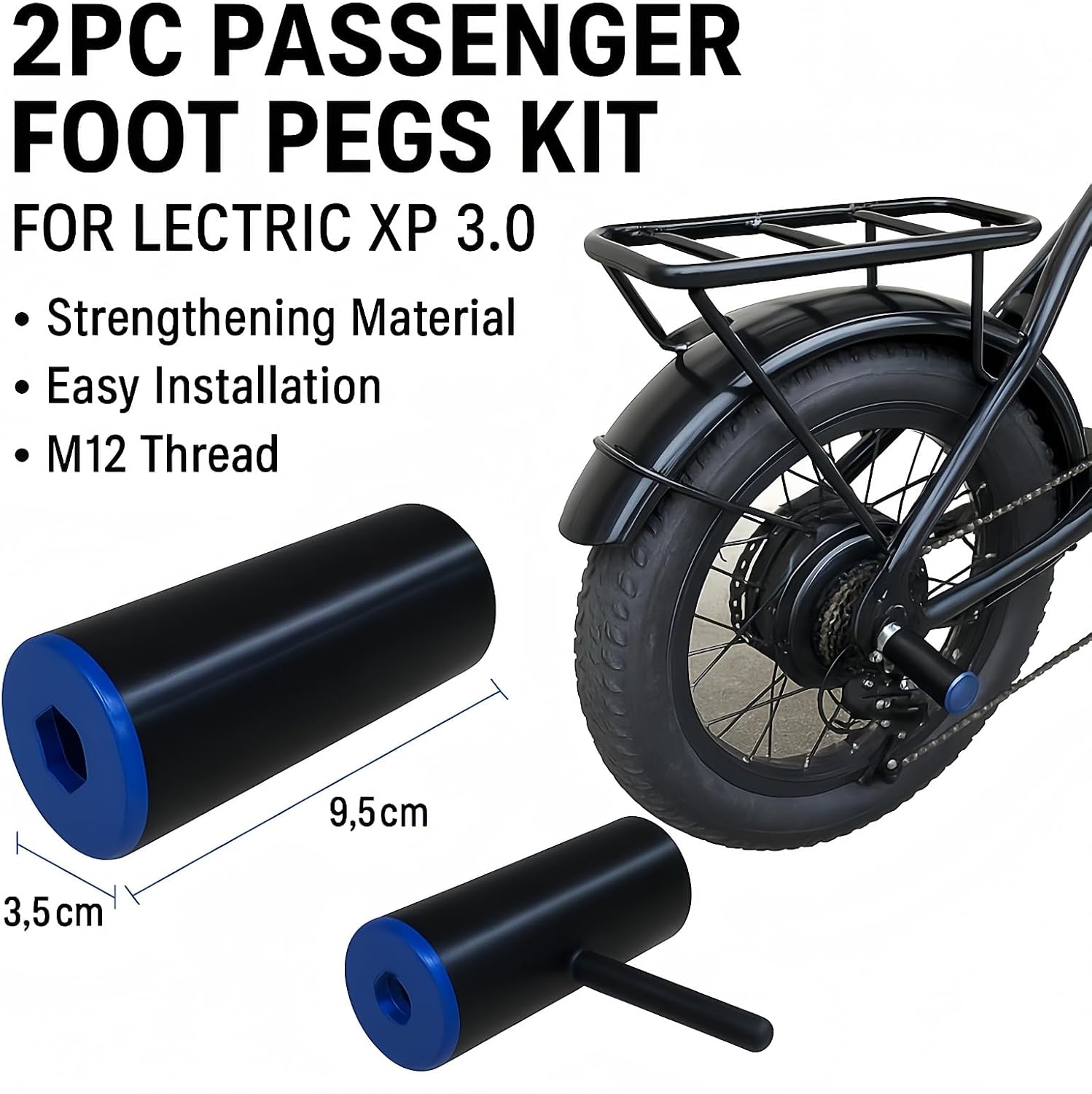 2PC Passenger Foot Pegs Kit Compatible with Lectric XP 3.0, Easy Install Rear Footrests, M12 Thread, Strengthening Material, 9.5cm