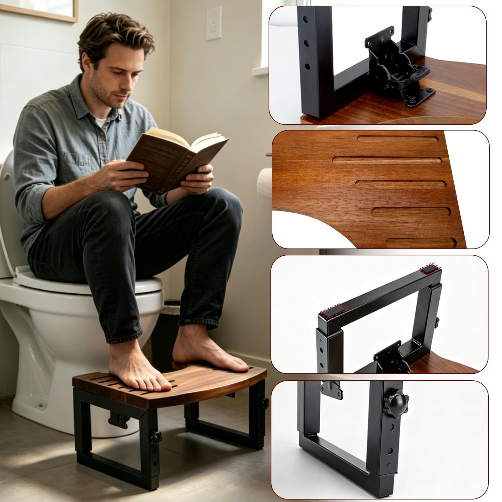 Tabouret de Toilette Pliable 40 x 26 cm Tabouret Toilette en Bois Antidérapant Tabouret WC Physiologique pour Salle de Bain Marche Pied Toilette Aide à Soulager Constipation et Les Ballonnements