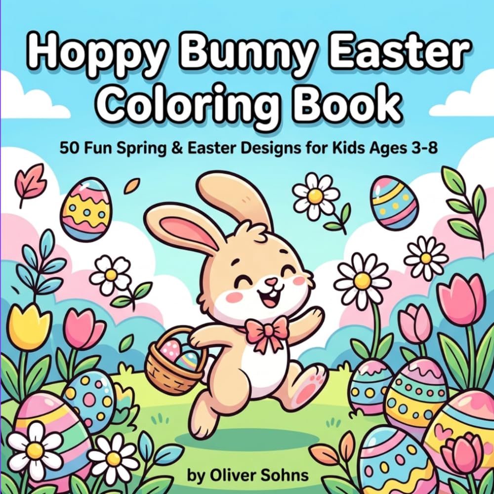 Hoppy Bunny Easter Coloring Book: 50 Fun Spring & Easter Designs for Kids Ages 3-8 | Cute Bunnies, Easter Eggs, Chicks & Flowers