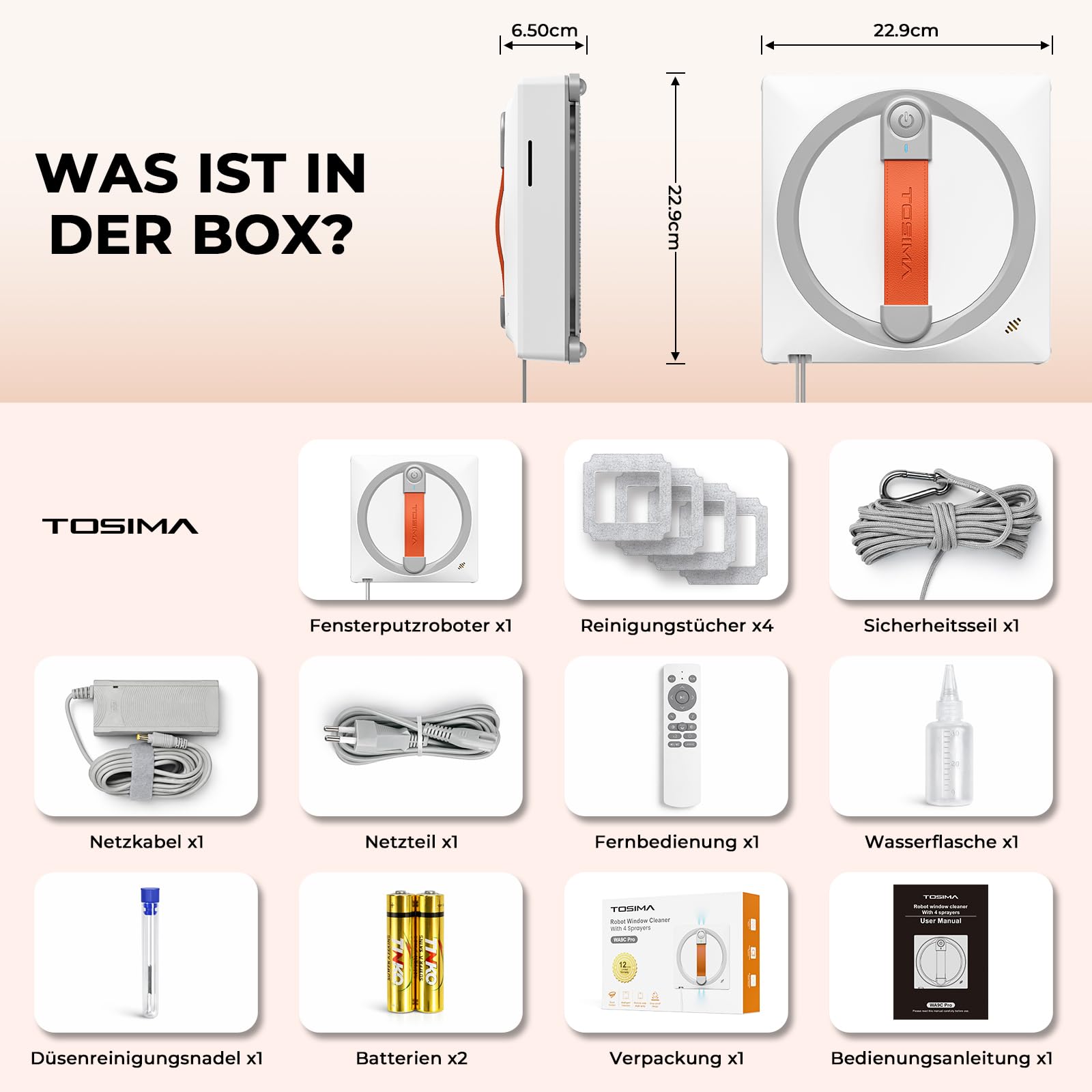 Tosima Fensterputzroboter WA9C Pro, Fensterroboter mit 4 Sprühdüsen, 6 Reinigungsmodi mit intelligenter Wegplanung, Extra Starke Haftung & Fernbedienung(weiß)