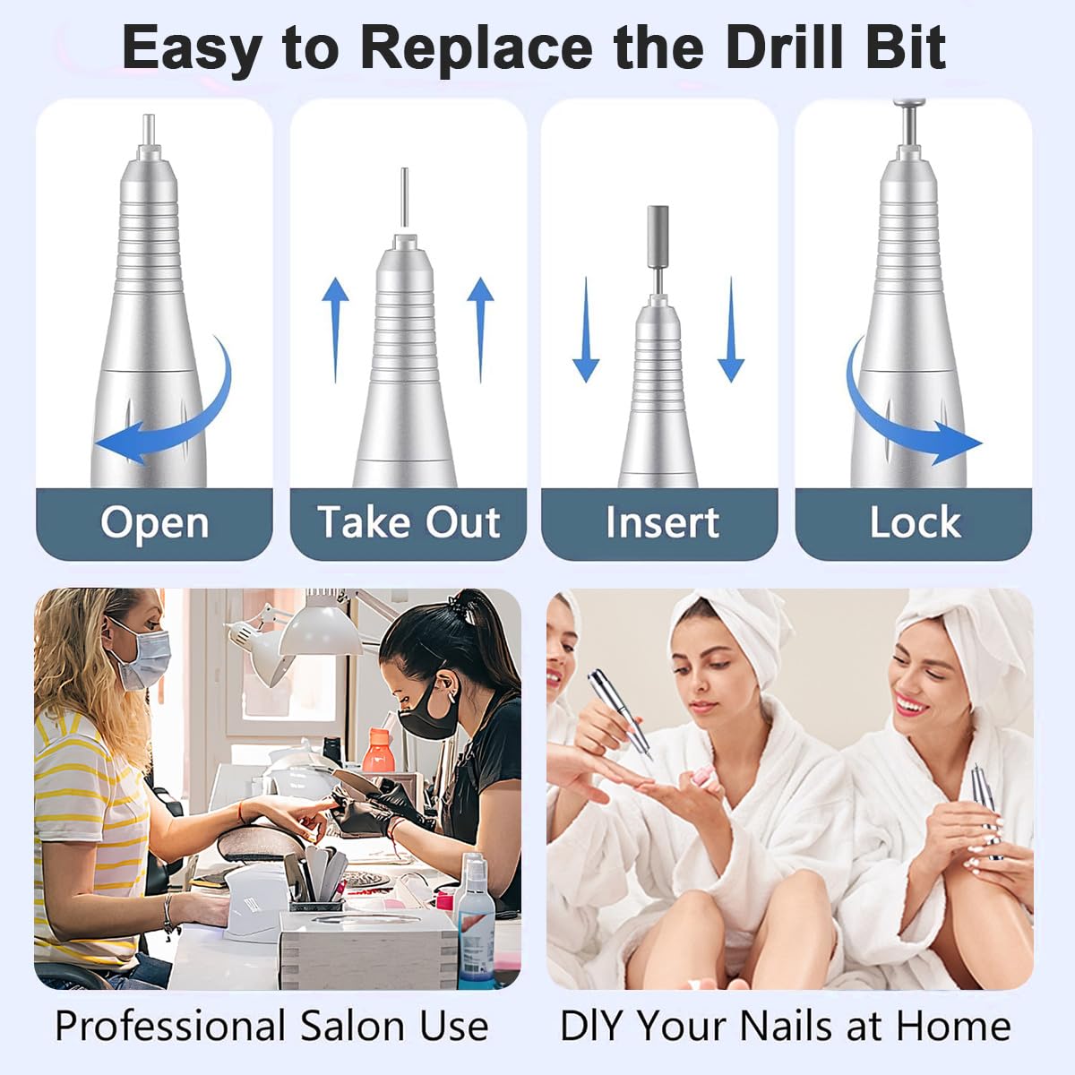 Torno para Uñas Profesional 45000 RPM, Torno Uñas Taladro Eléctrico Recargable con Pantalla LED, 10H Duración, Bajo Ruido,12 Puntas,para Uñas Acrílicas/Gel/Semipermanente