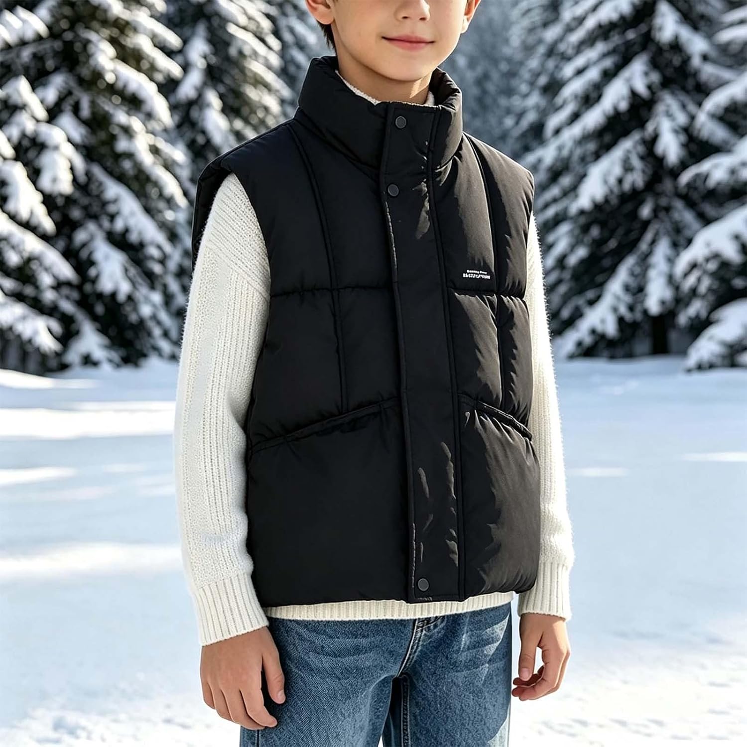 Girls Quilted Vest Round Neck Snap Button Lightweight Jacket