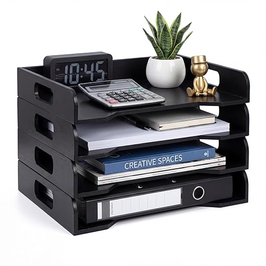 Yinkin 4-Tier Stackable Paper Trays for Letter Documents, Wooden Desktop File Organizers for Desktop File Holder and Office Supplies Rack for Home or Office Use