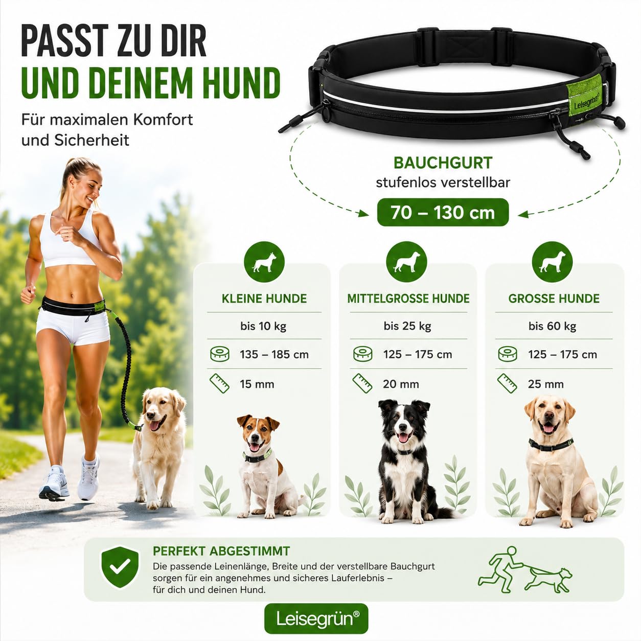 Leisegrün Joggingleine große Hunde bis 60 kg mit Bauchgurt & Bungeeleine | Freihand-Hundeleine, verstellbarer Bauchgurt, elastisch & ruckdämpfend, reflektierend – ideal zum Joggen, Wandern, Canicross