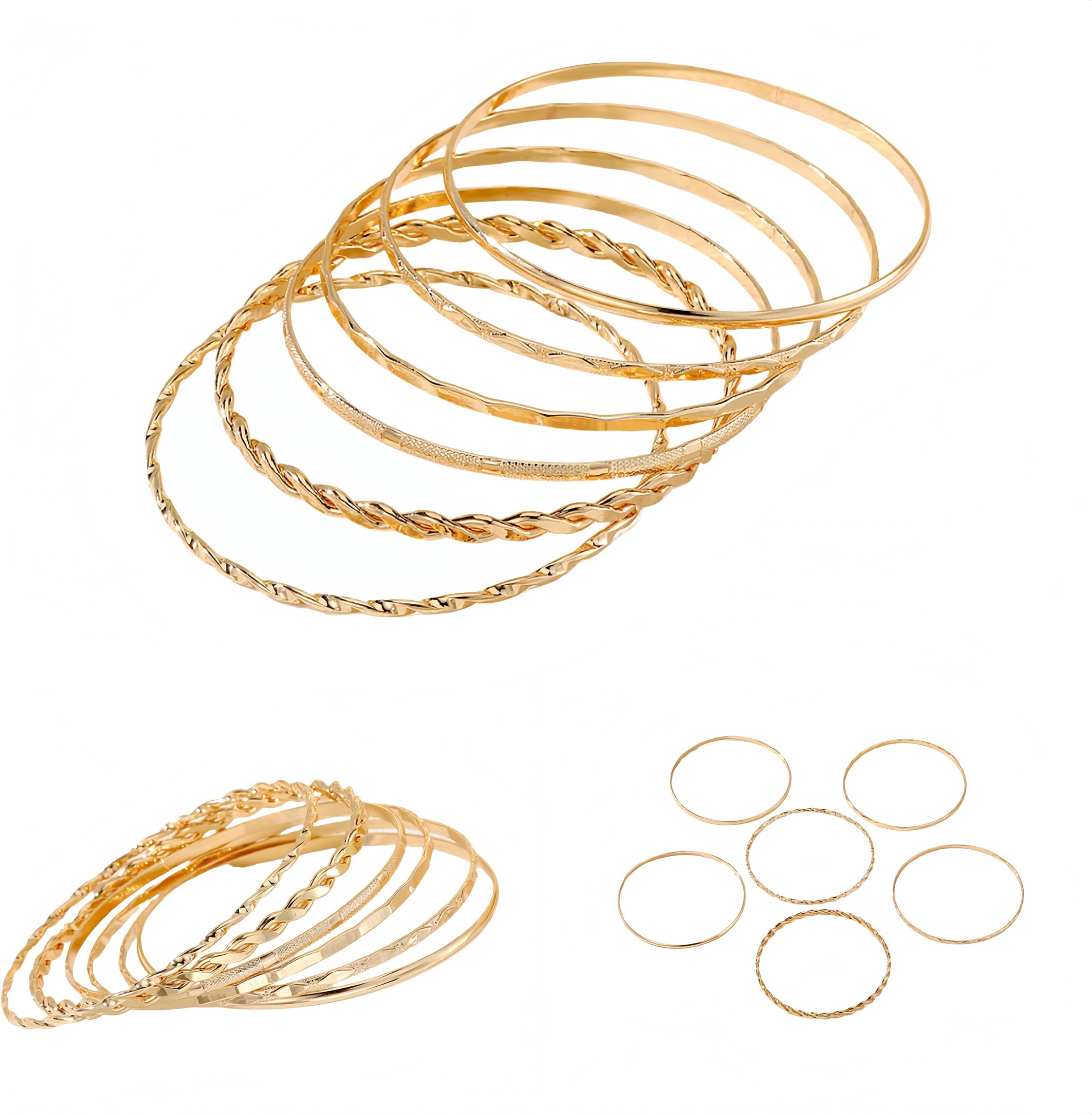 6-Piece Multi Layer Bangle Set,Gold Stackable Bracelets for Women - Non-Tarnish Simple Fashion Boho Jewelry for Daily & Party Wear