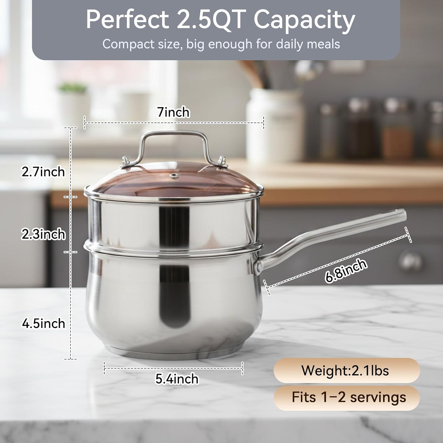 2.5QT Stainless Steel Saucepan with Steamer Basket and Glass Lid, 18/8 Food Grade Small Soup Pot with Steamer Insert, Induction Compatible, Heavy Duty Multi-Purpose Pot for Cooking & Steaming