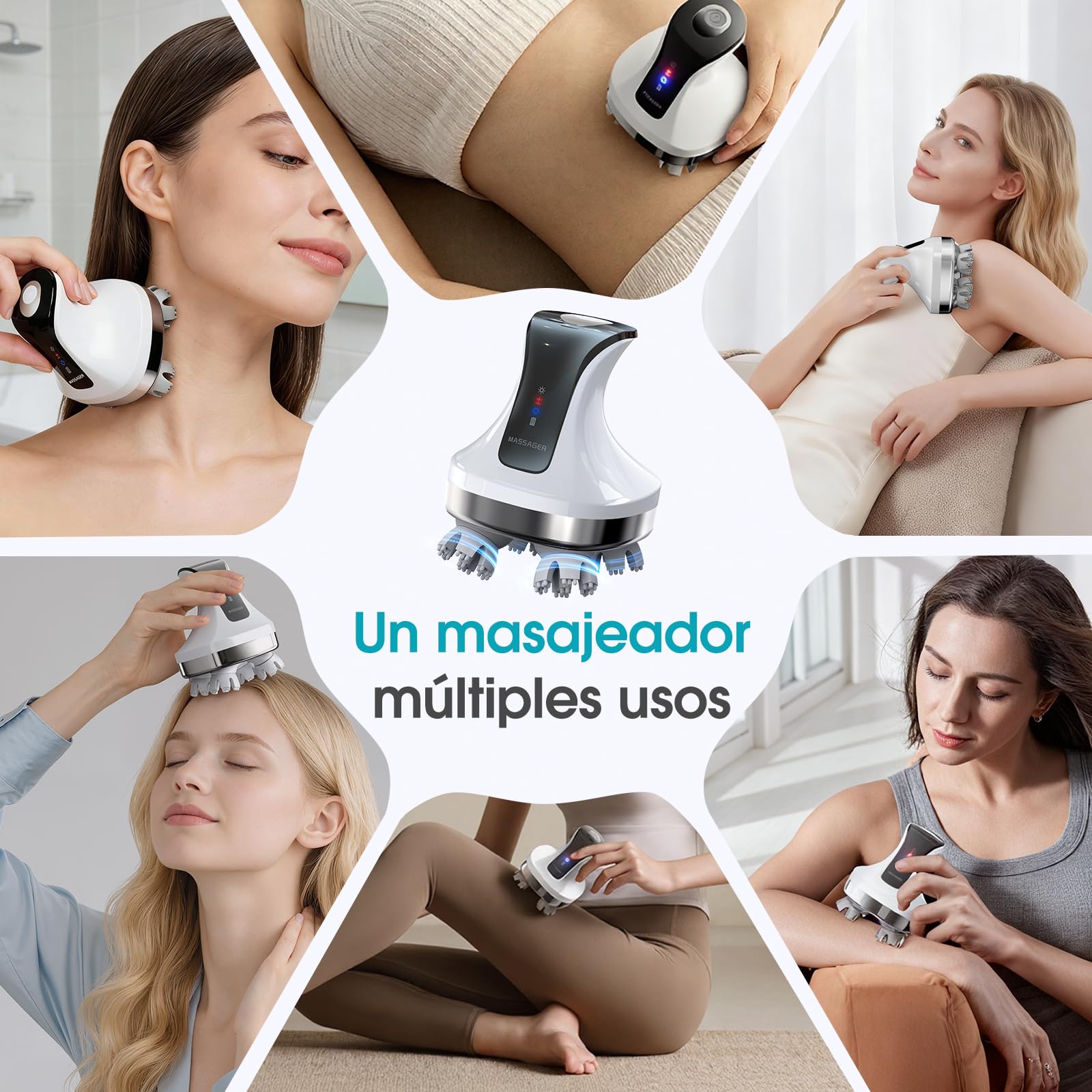 Masajeador de cuero cabelludo eléctrico 4D, masajeador de cuello y hombros con 108 nudos de silicona, masajeador corporal inalámbrico para piernas y espalda, IPX7 resistente al agua, 4 modos