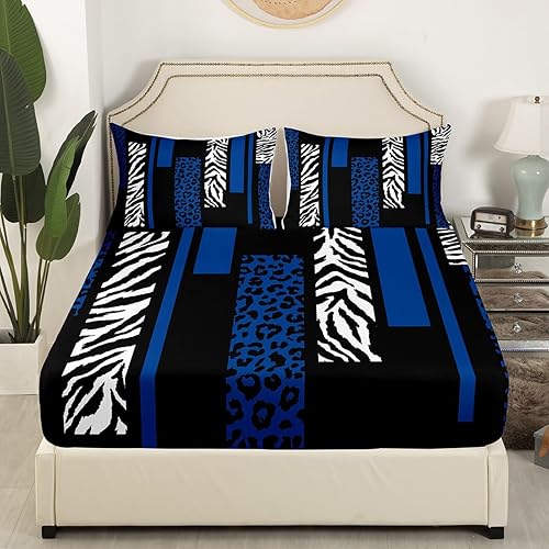 Miniatura 2 de Manfei Sábana bajera ajustable con estampado de leopardo, tamaño matrimonial, con textura de piel de cebra, color negro y blanco, decoración de