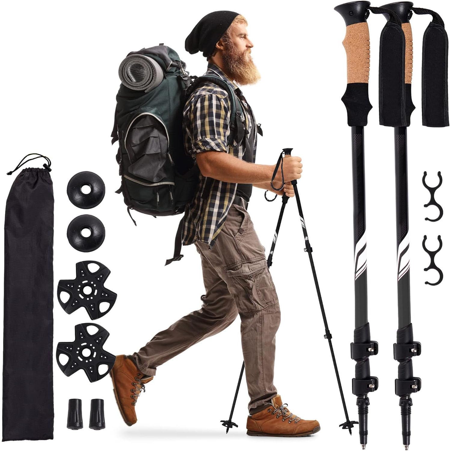 Bastoni da trekking – Confezione da 2 bastoncini da trekking leggeri e regolabili per escursioni, campeggio e backpacking – Bastoni da trekking con manico in sughero e cinghia imbottita, nero