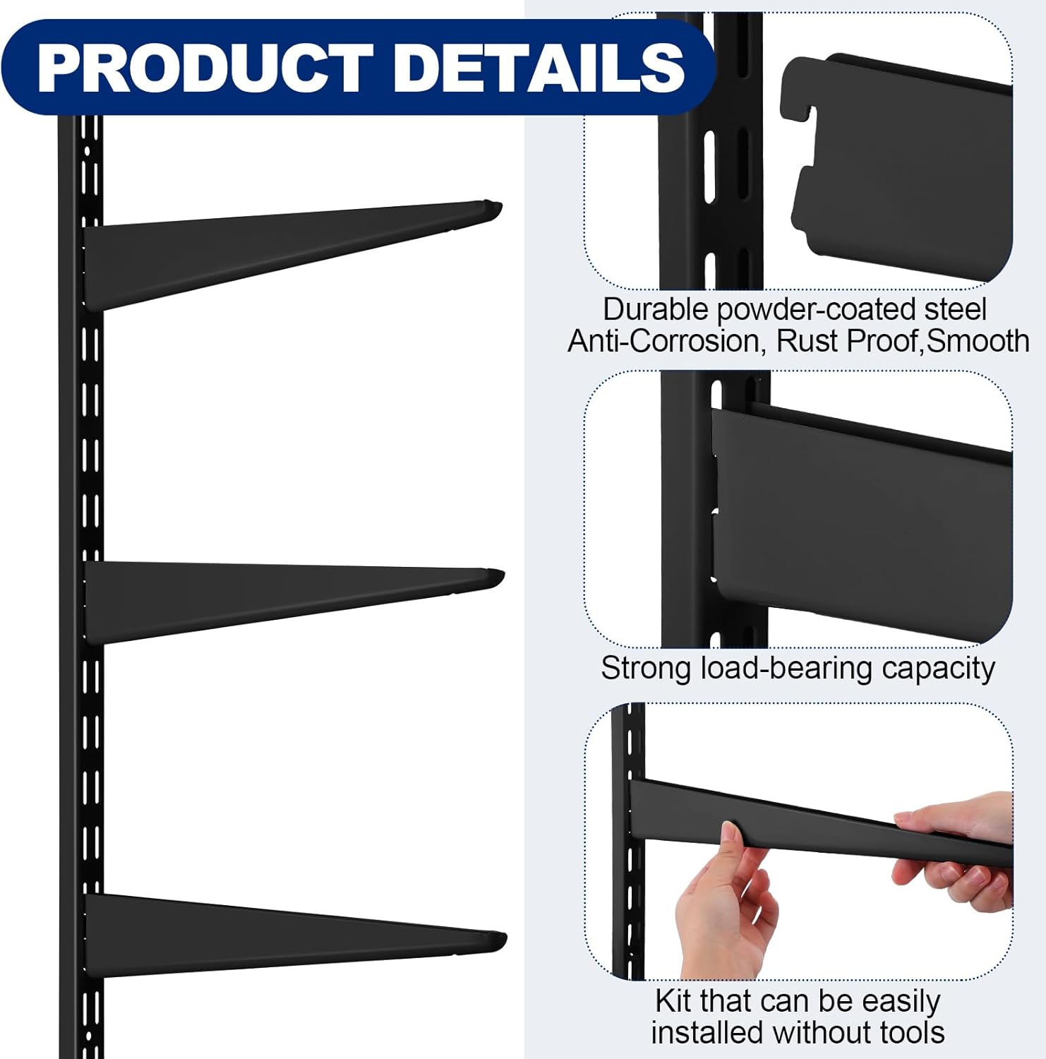 8 Pcs Black Twin Rail Upright Wall Shelving System 25 Inch with Adjustable Shelf Bracket 11.5 Inch Heavy Duty Storage Rack Metal Support System for Kitchen Closet Home Indoor