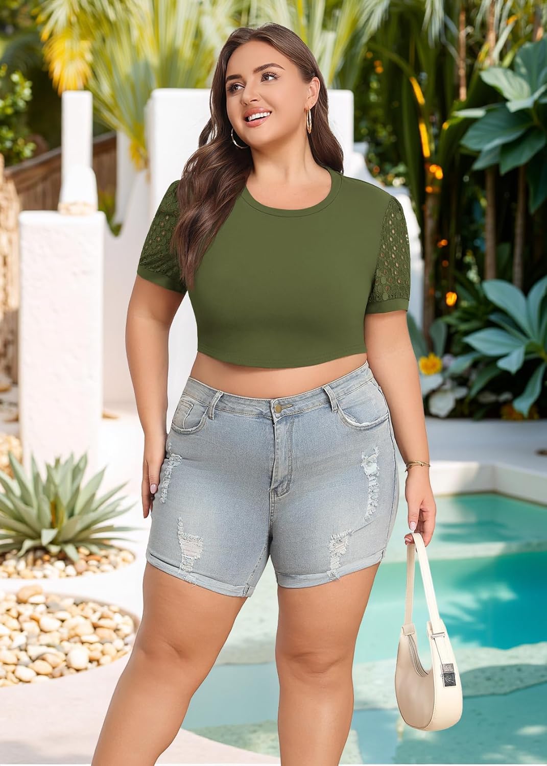 Lastshe Womens Plus Size Crop Tops Summer Trendy Basic Workout Tshirts Lace Short Sleeve Cute Cropped Athletic Tee - Image 6