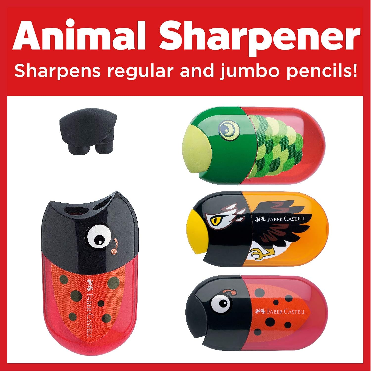 Faber-Castell Jumbo Graphite Pencil Back to School Set - 4 Jumbo Pencils (Pink/Orange) & Ladybug Pencil Sharpener, Multi