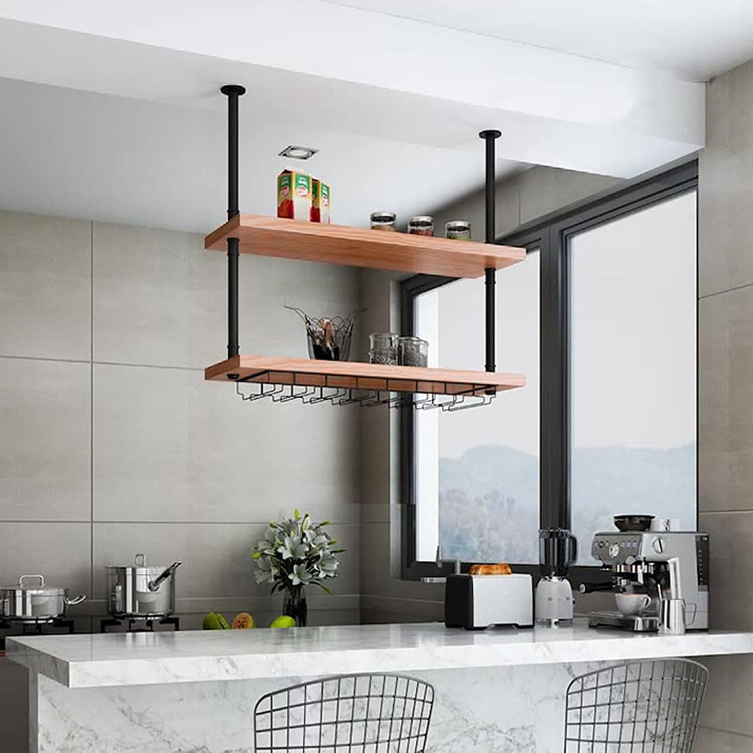 Étagère de plafond suspendue bois et métal pour cuisine avec casier à vin vintage