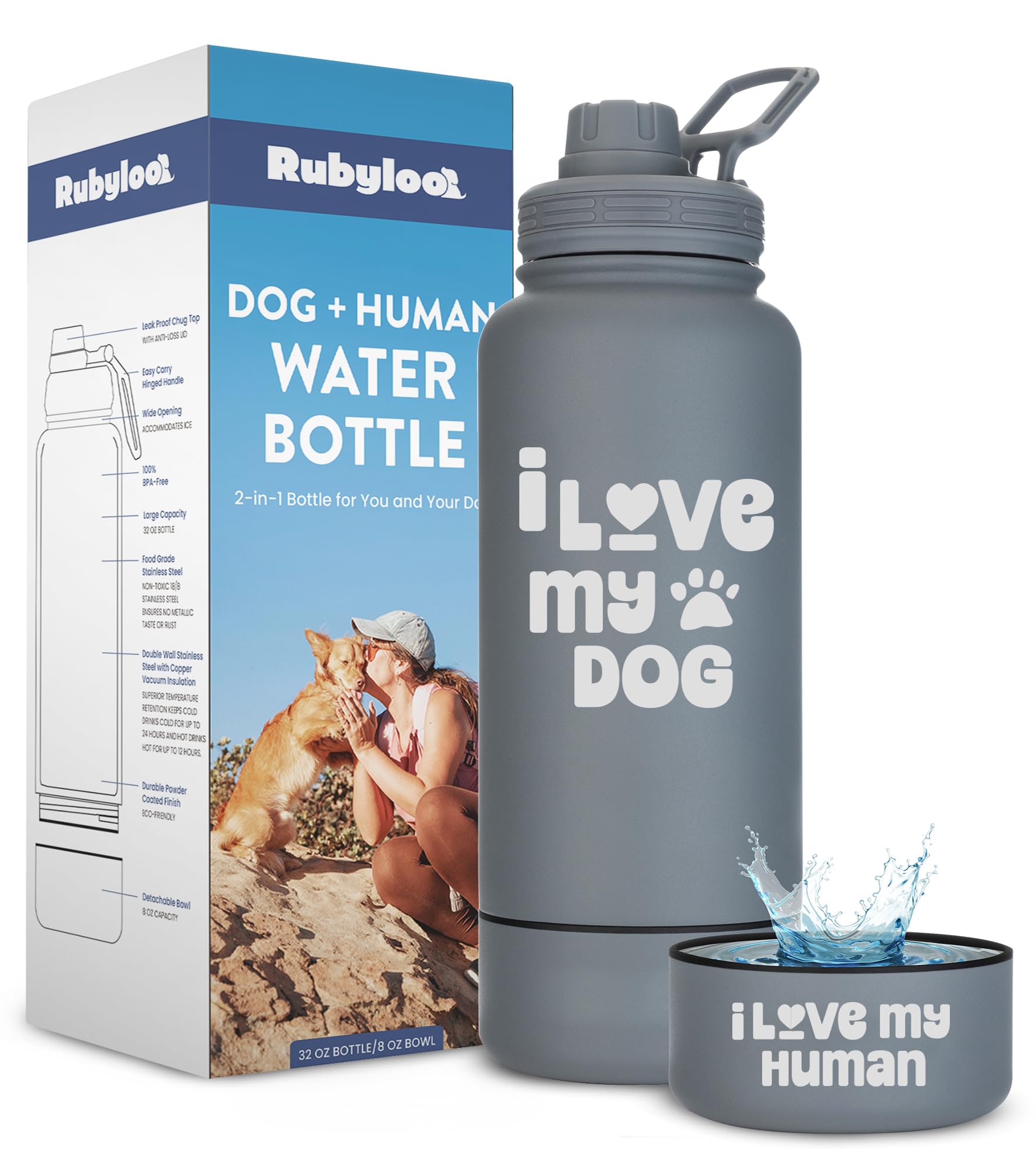 Rubyloo Dog Water Bottle with Detachable Bowl for Dog Lovers, I Love My Dog