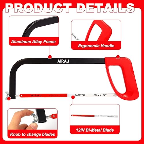 Miniatura 3 de AIRAJ Sierra de alta tensión de 12 pulgadas con hoja bimetálica de 24 TPI y 10 hojas de sierra de repuesto, sierra de mano adecuada para metal