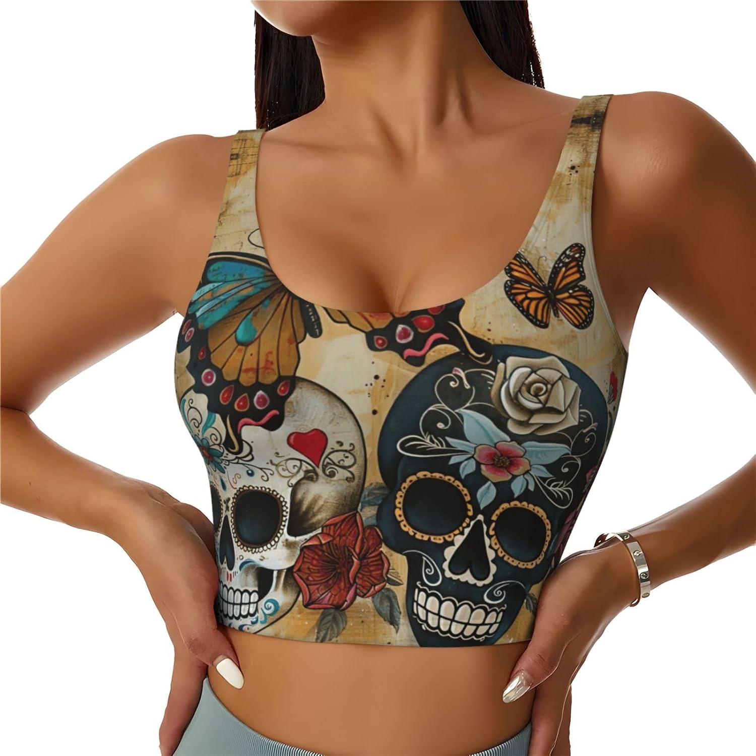 Sugar Skulls Butterfly Print High Impact Sports Bras,Longline Sports Bra,Perfect for Yoga,Running and Gym Workouts