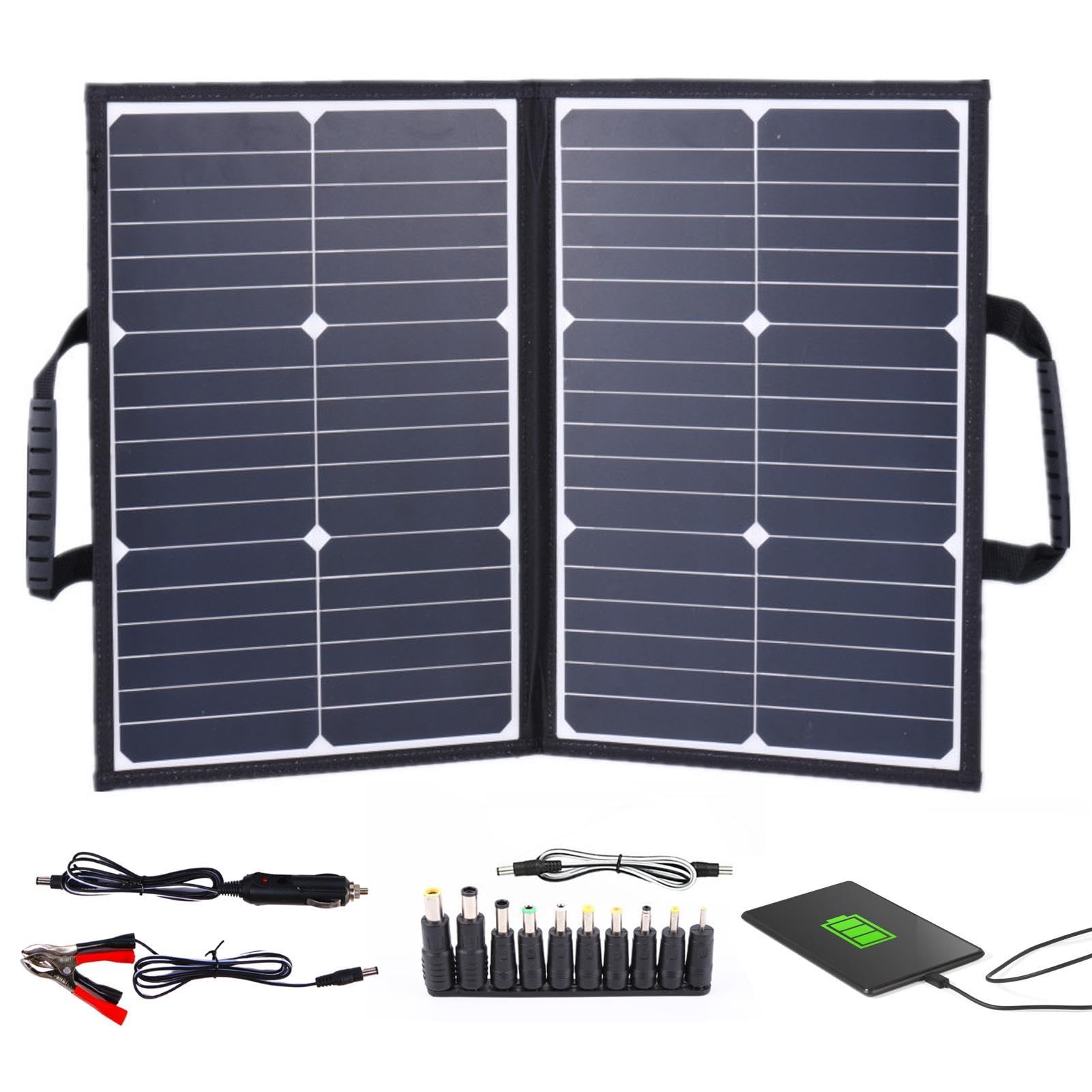 Kit di pannelli portatili,Caricatore solare pieghevole da 60 W con | morsetto per batteria e cavo CC | Kit pannello solare per campeggio, camper, marina, telecamera con 2 uscite USB