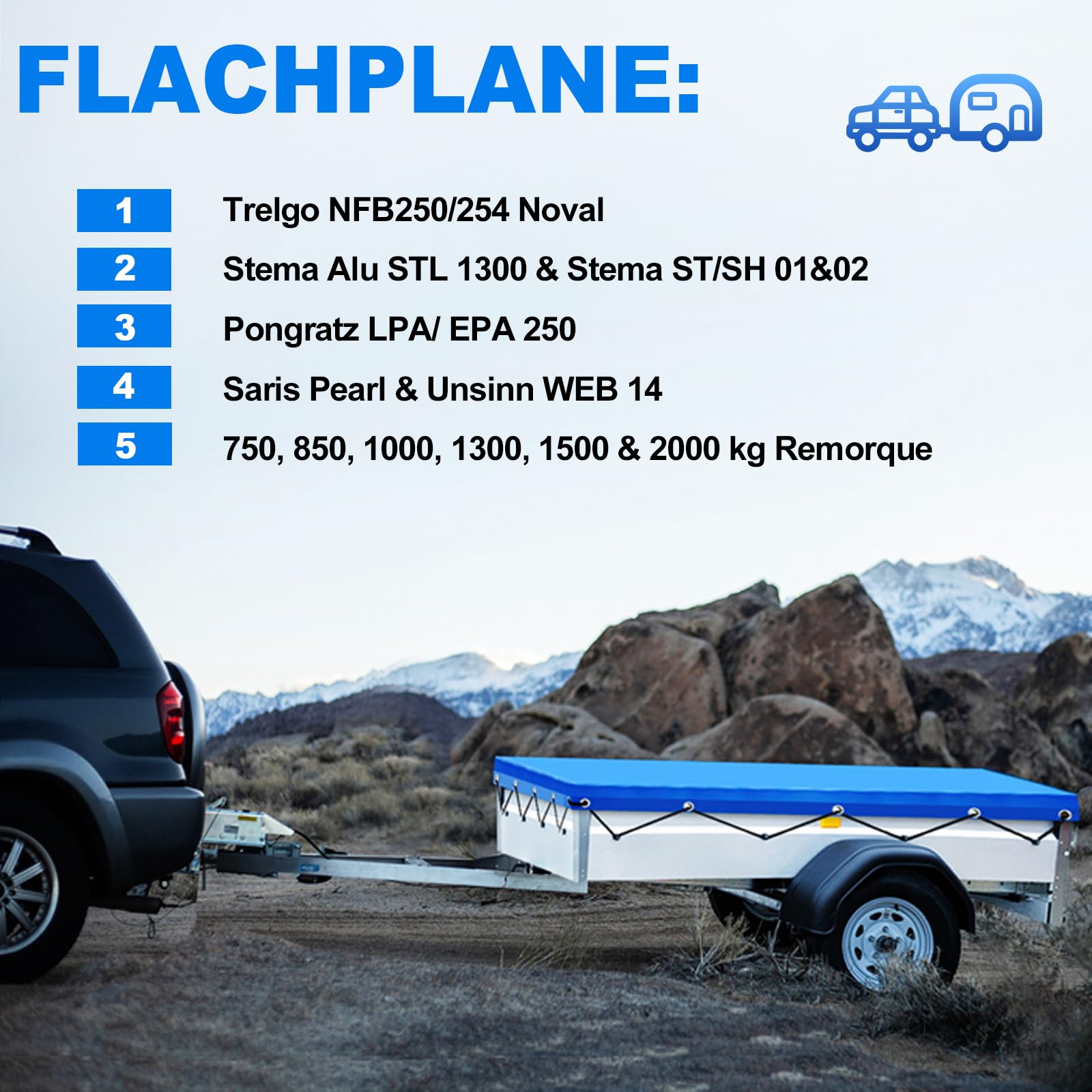 Bâche Remorque 257.5x134.5cm, IMPERMÉABLE Protection Plate, Idéal pour Trelgo NFB250/254, Stema Alu STL 1300/ST/SH 01/02, Pongratz LPA/EPA250, Saris Pearl Unsinn WEB14, 750/850/1000/1300/1500kg