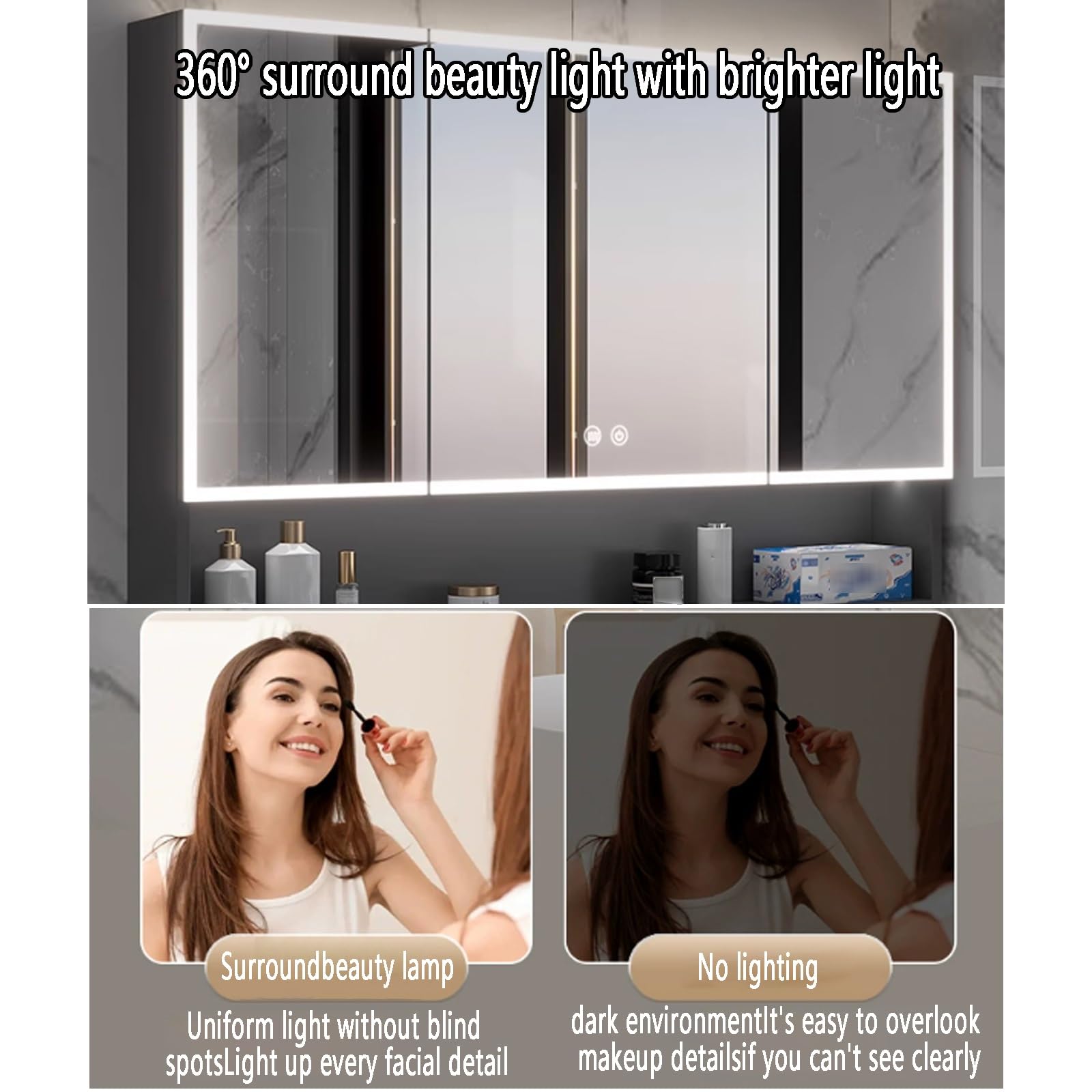 Inteligente armario espejo baño con luz y espejo,Moderna Armario con Espejo Antivaho de Maquillaje,Espejo de Maquillaje para Inodoro,Interruptor Táctil,Agujero papel(Gray,100*13*70cm/39.4*5.1*27.6in)