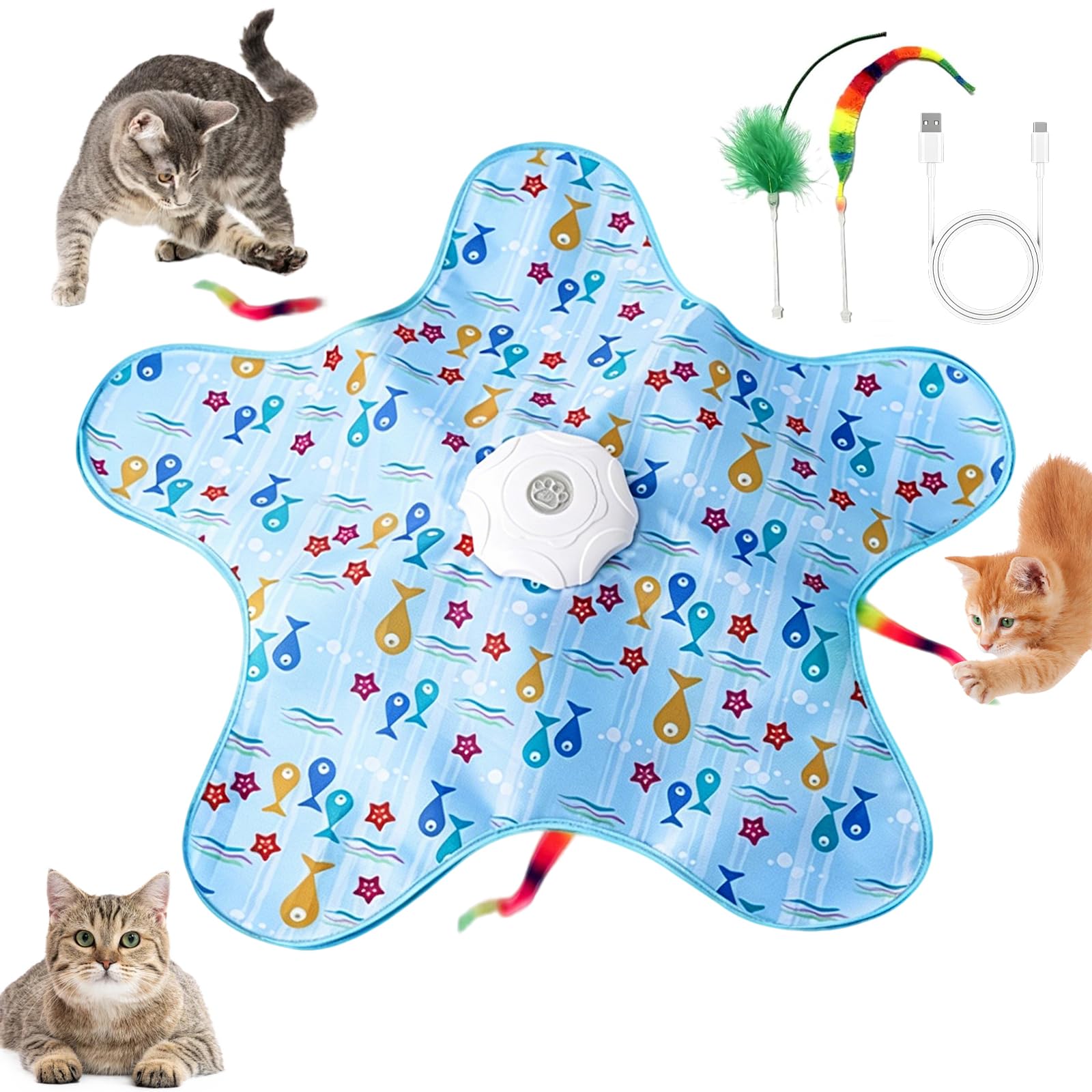 CeruleTree Interactive Cat Toys for Indoor Cats, Automatic Hide and Seek Toy with Moving Feather & Squeaky Mouse, 3 Modes Touch Activated Teaser, Type-C Rechargeable Cat Toy, Blue ﻿