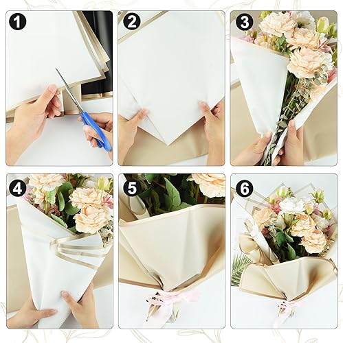 Miniatura 5 de ASTARON 30 hojas de papel de regalo de ramo de flores, papel de regalo de flores plegado con borde dorado, papel floral negro blanco marrón para