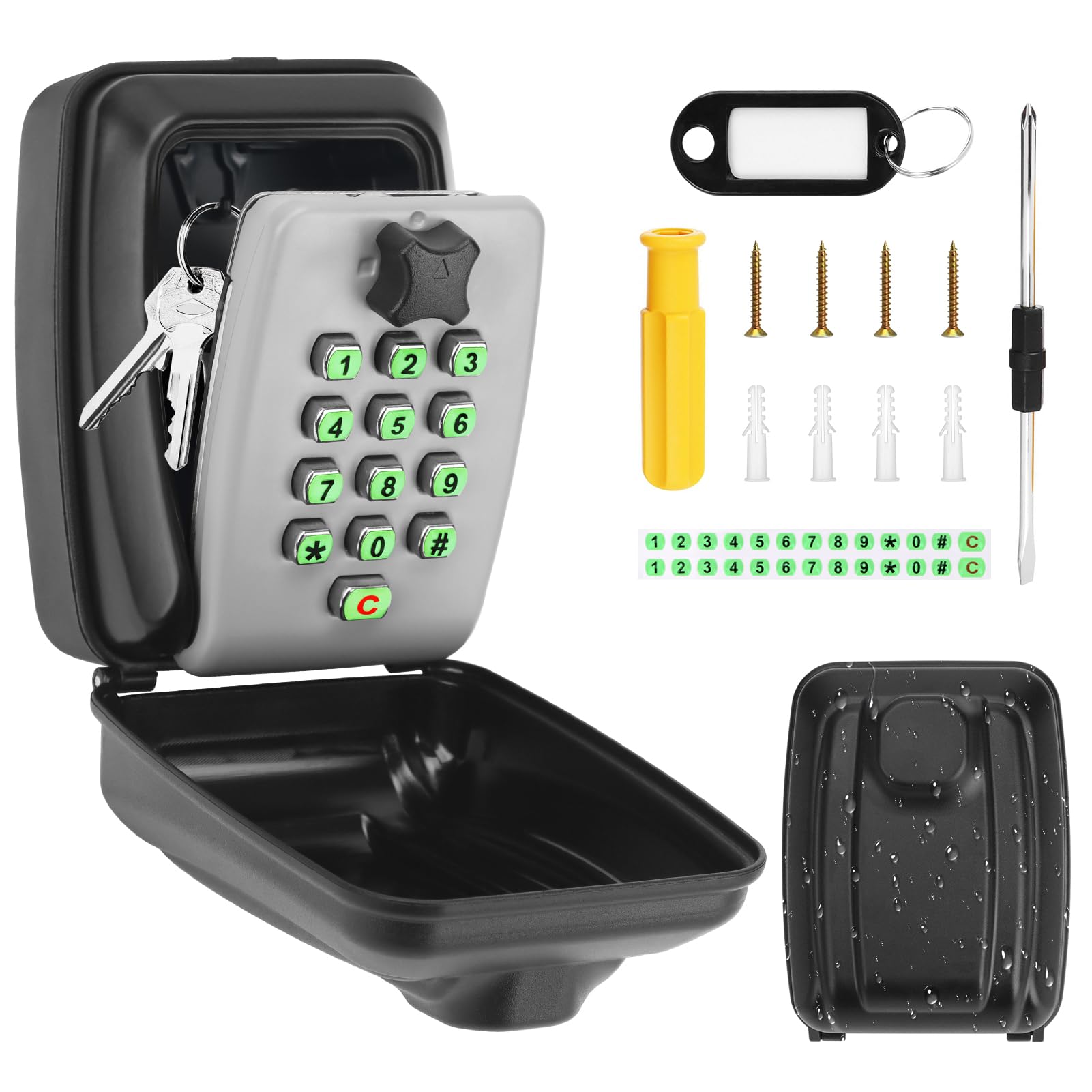Key Safe Wall Mounted - 12-Digit Heavy Duty Key Lock Box Outdoor with Illuminated Buttons, Large Capacity Weatherproof Spare Key Storage Box with Protective Cover for Home, Garage, Office(Grey)