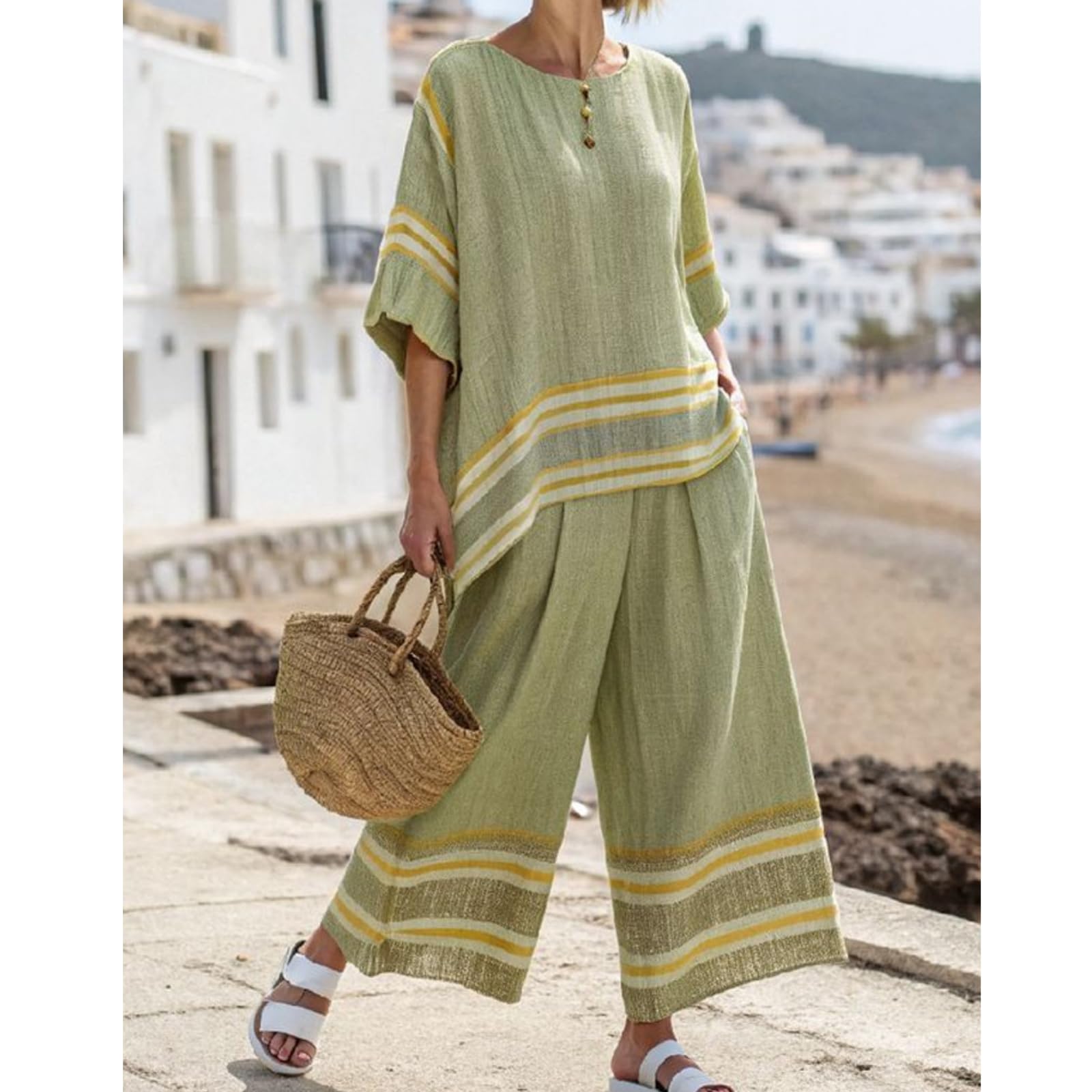 Generisch Set di 2 pezzi da donna in lino con strisce oversize, con camicia e pantaloni a mezza manica larga
