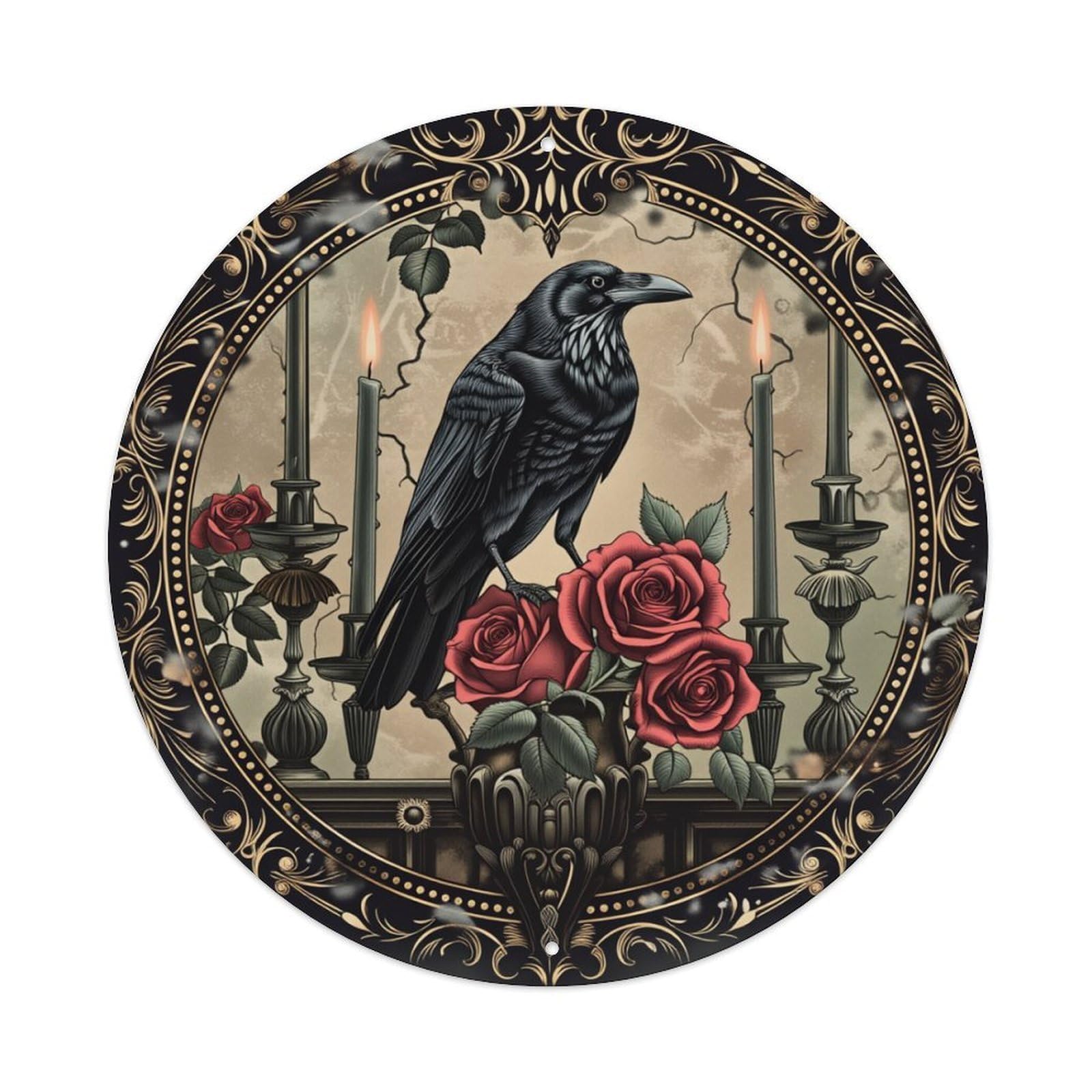 Crow Roses Candles Ornate Round Tin Sign Retro Metal Sign for Cafe Bar Pub Home Game Room Gym Club Wall Decoration Vintage Metal Poster 8x8 Inch