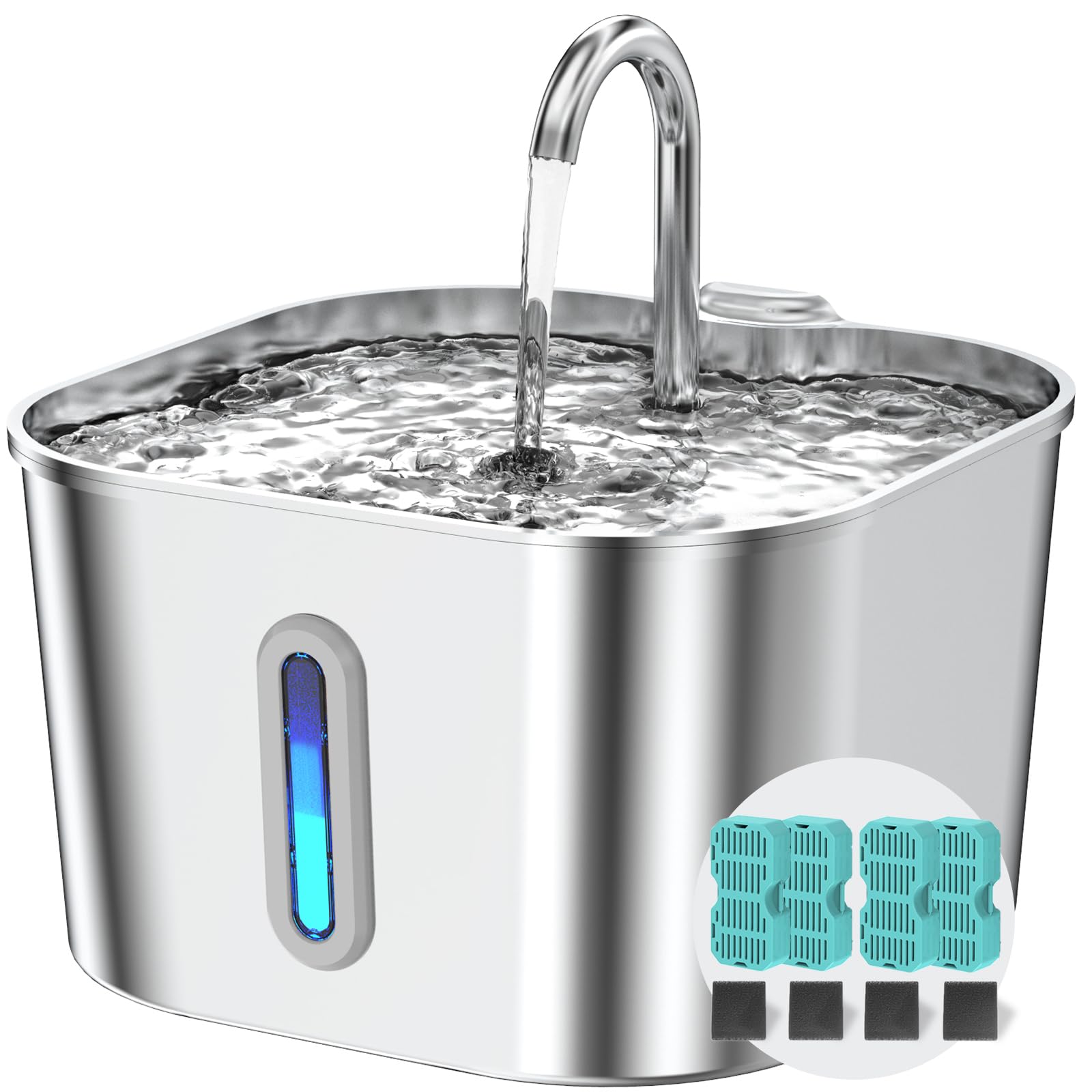 Cat Water Fountain Stainless Steel with 4 Filters & 4 Sponges, 74oz/2.2L Cat Fountain with Quiet Pump, Automatic Pet Water Dispenser, Ideal for Multi-pet Homes, Fresh & Clean Water for Cats and Dogs