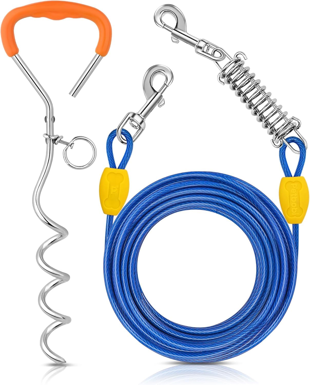 Petbobi Hund Tie-Out Kabel & Bodenanker - 6 m Robust mit Feder, Anti-Verheddern, 40 cm Spiral-Erdanker, Ideal für Garten, Camping & Strand, Für mittelgroße bis große Hunde bis 55 kg, Blau
