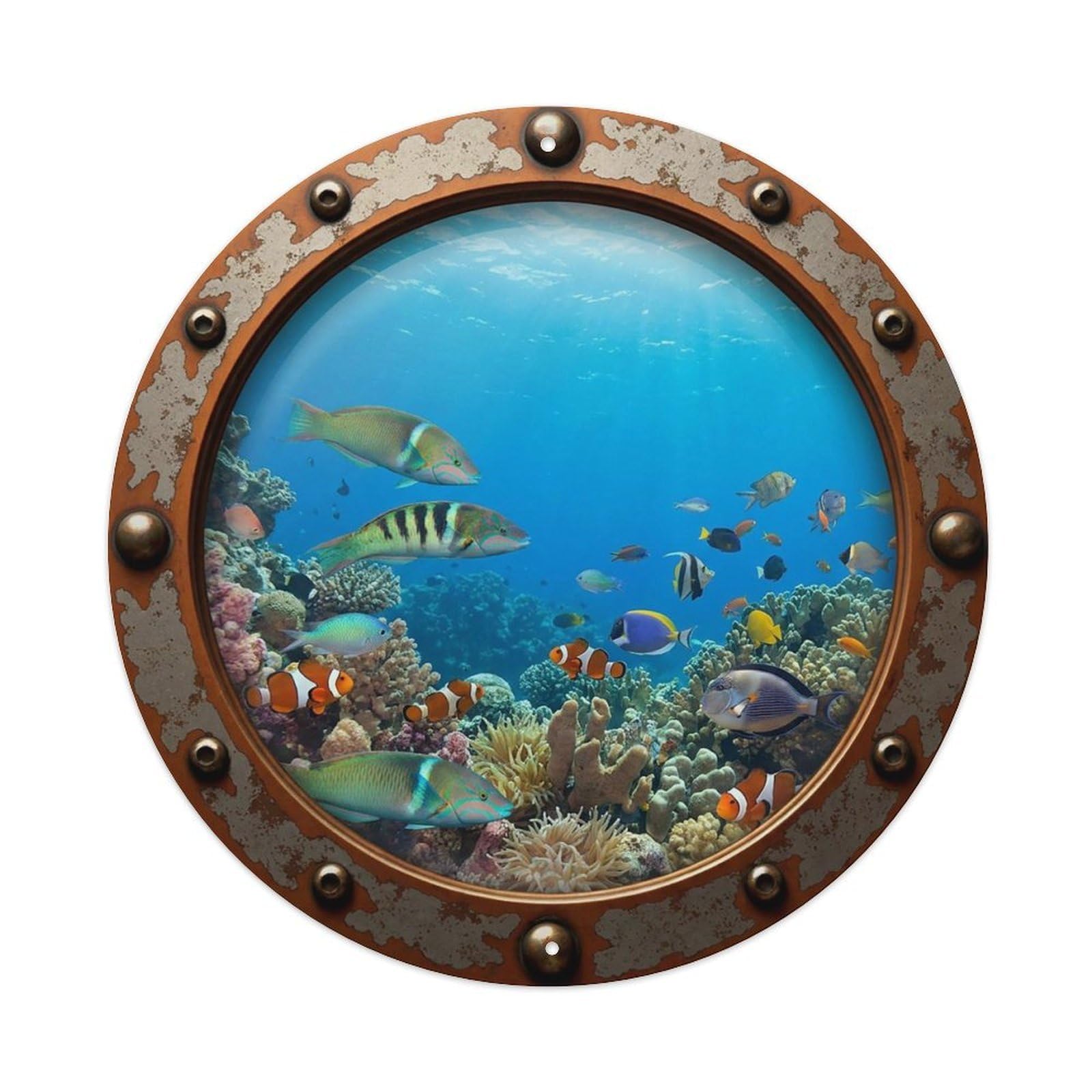 Gead 8X8inch Style Vintage Porthole Wrasse Fish Nautical Window View Metal Tin Sign