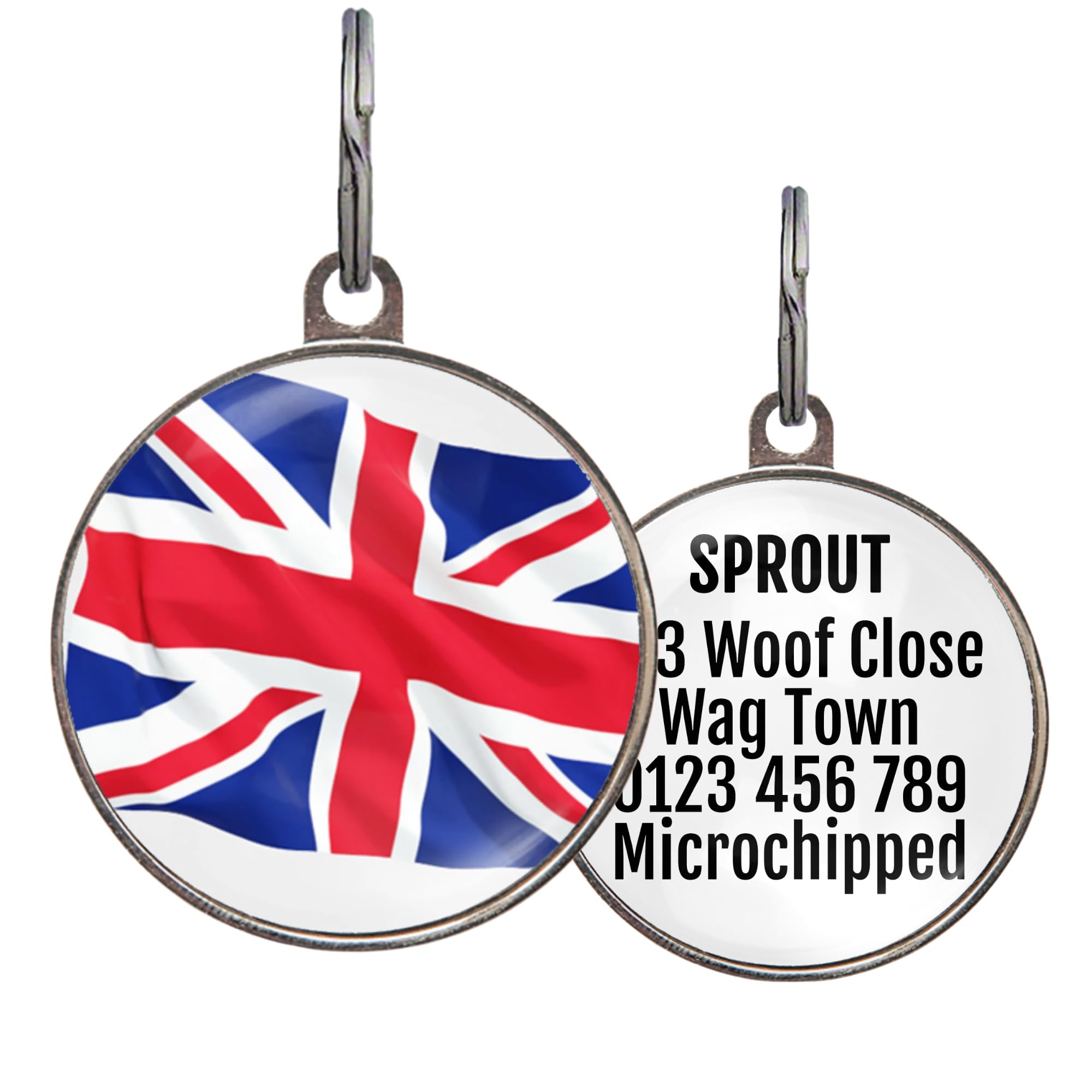 Union Jack Dog Tag – British Flag Pet ID Tag for Dogs – Custom Dog Tag with UK Flag Design – Metal Tag in 2 Sizes – Personalised on Back