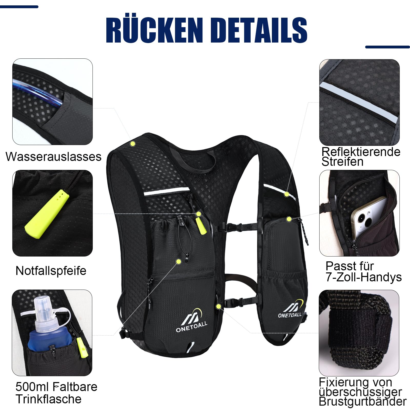 Laufweste Damen mit 500ml Trinkflasche/2L Trinkblase, Leichter Trinkrucksack Laufen Herren 6L, Runing Vest Reflektierend für Jogging, Trailrunning, Fahrrad, Marathon, Motorrad, nur 150g