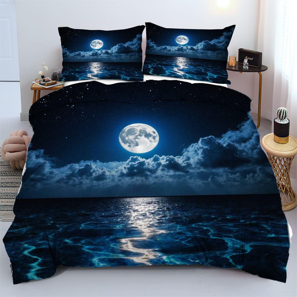 Linge de lit haute qualité 140x200 cm blanc motif lune modèle a27111