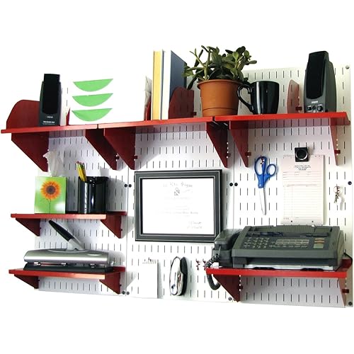 Wall Control Office Organizer Unit Wall Mounted Office Desk Storage and Organization Kit White Wall Panels and Red Accessories