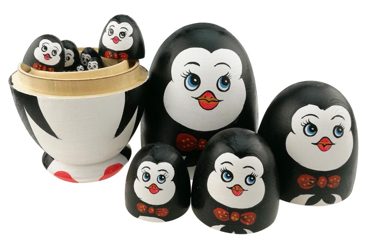 Winterworm Set di 10 bambole matrioska a forma di pinguino a forma di uovo in legno, fatte a mano, giocattolo per bambini, idea regalo