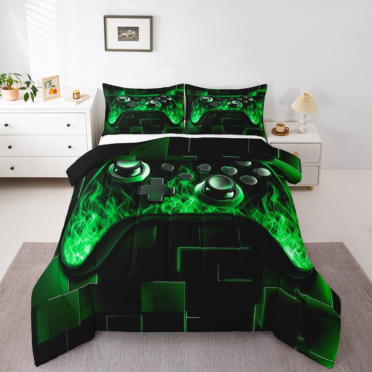 Homewish Neonowe kostki, zielone zestawy kołder do gier dla chłopców, geometryczne zestawy pościeli, konsole do gier, zestaw kołder, dekoracja dla chłopców, dekoracja sypialni