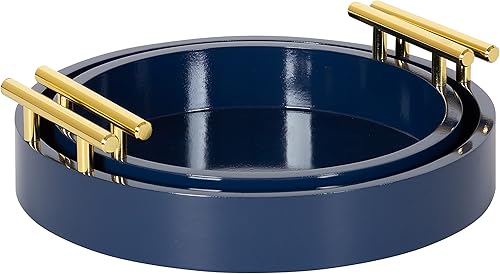 Miniatura 8 de Kate and Laurel Lipton - Juego de bandejas redondas modernas, juego de 2, azul marino y dorado, juego de bandejas decorativas glamorosas para Azul