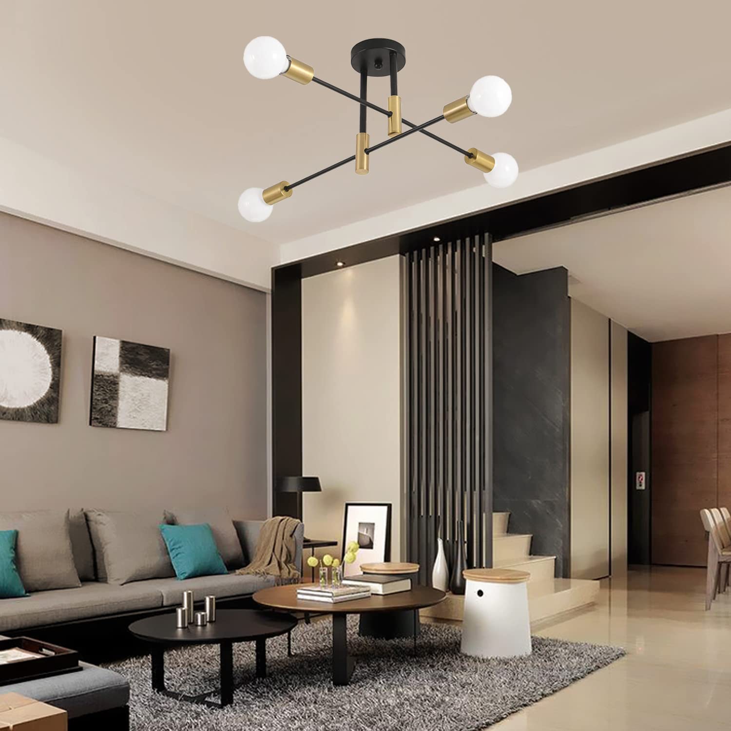 Higufyier Modern Sputnik Chandelier Ceiling Light 4 Lights, Creative Semi Flush Mount Ceiling Light for Bedroom, Living Room, Kitchen, Dining Room