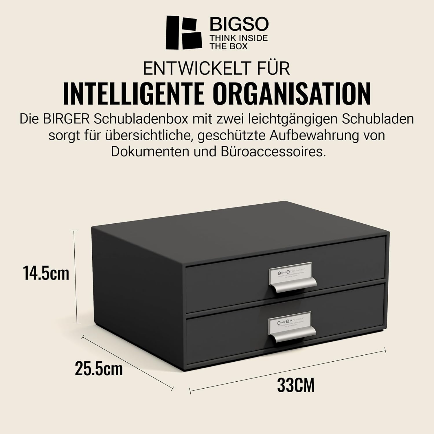 Bigso Box of Sweden Drawer Storage Box for Documents and Office Supplies - Desk Organiser with 2 Drawers - Fibreboard and Paper Filing System - Dark Grey